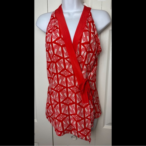 Anthro LEIFSDOTTIR Catalyst Wrap Top Blouse Shirt Silk Red Orange White Geo - Picture 2 of 12